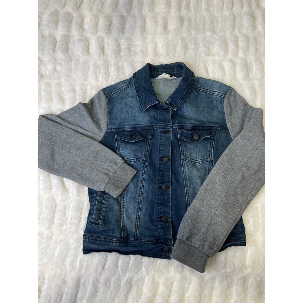 Ci Sono Denim Collection Mixed Media Jacket Blue Denim Gray Knit Sleeves Medium